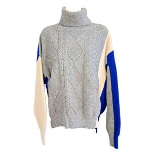 Womens Sweater Turtleneck Chunky Cable Knit Colorblock Pullover Large Coastal